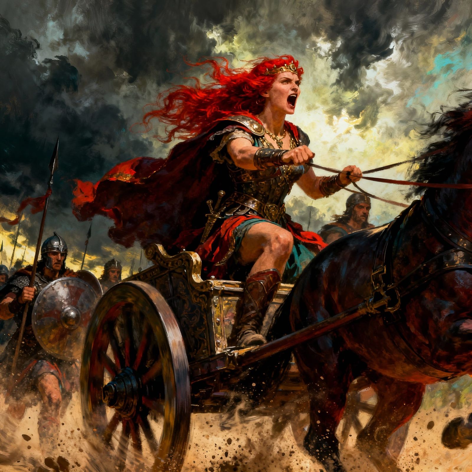 Boudica Leading Warriors in Chariot Battle