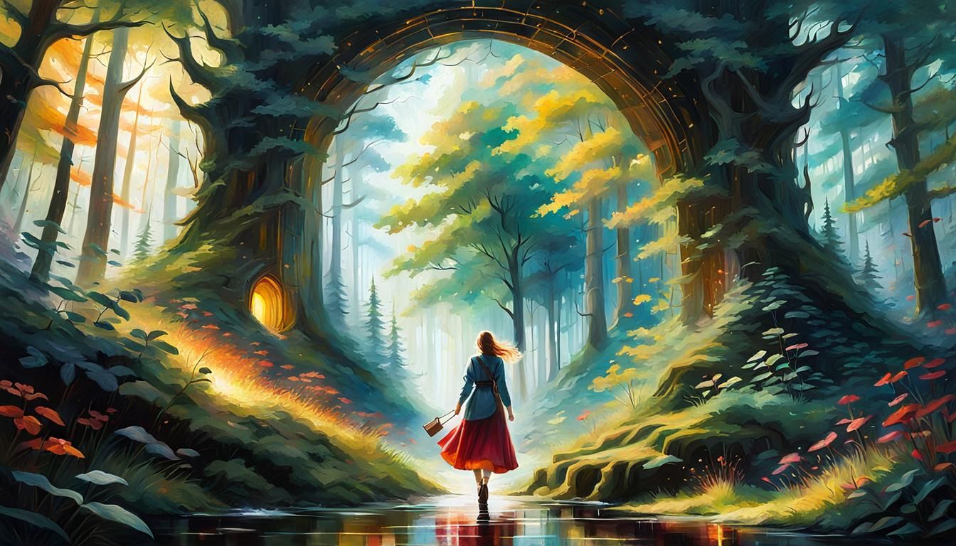 Woman Walks Through Forest Portal: Ethereal Digital Art