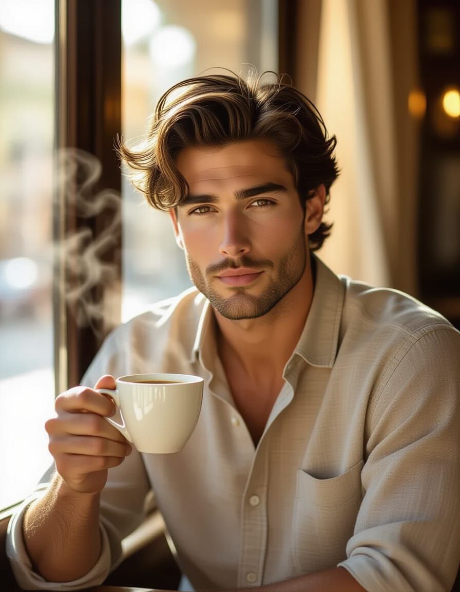 Handsome Man with Coffee in Cafe, Cinematic Style