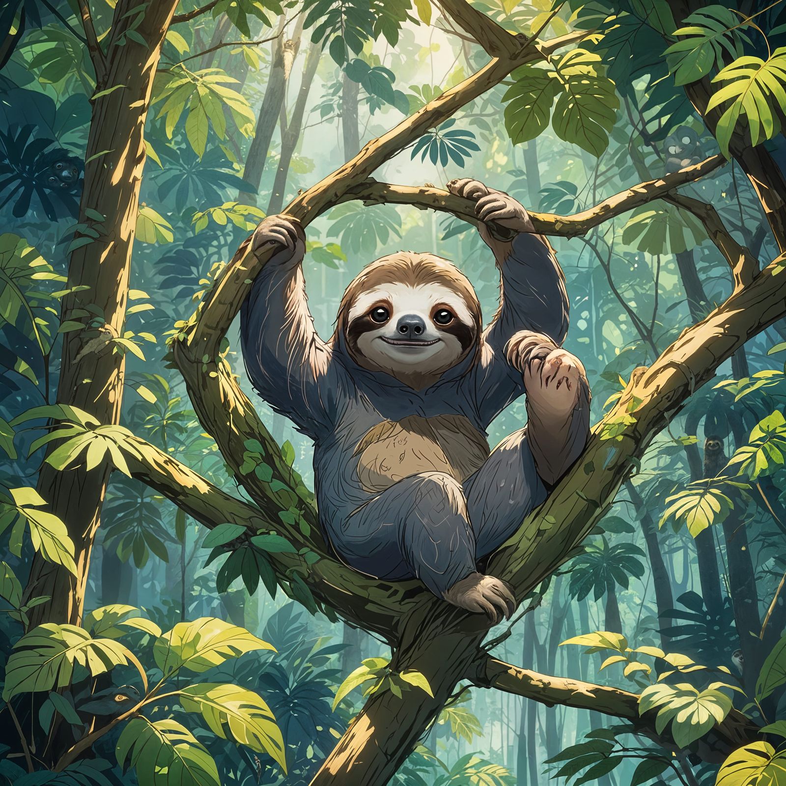 Cute Sloth in Tree Canopy, Studio Ghibli Style