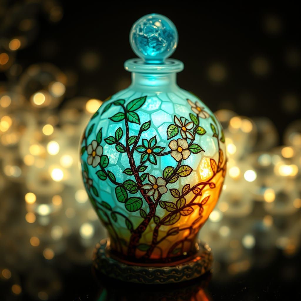 Surreal Tiffany Glass Vessel with Waterfall and Medicinal He...