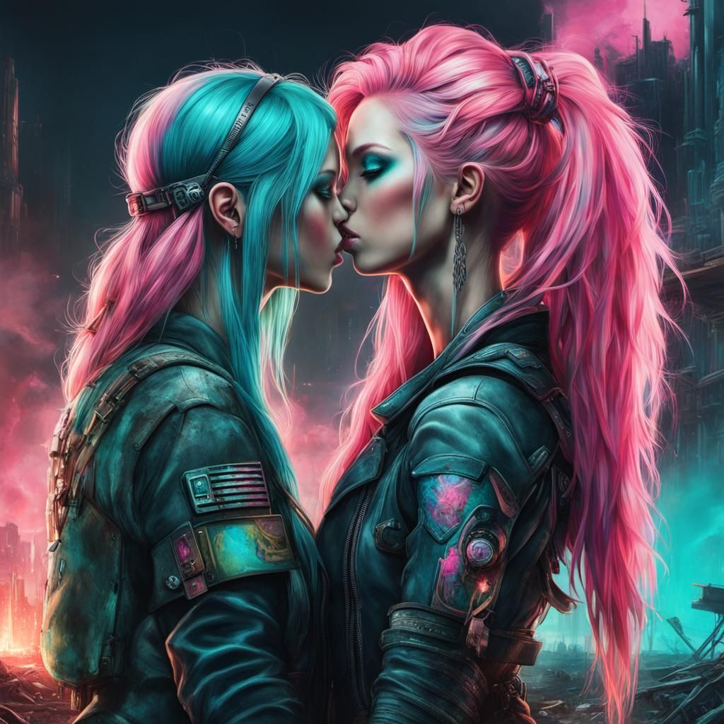 Cyberpunk Kiss in Post-Apocalyptic Wasteland