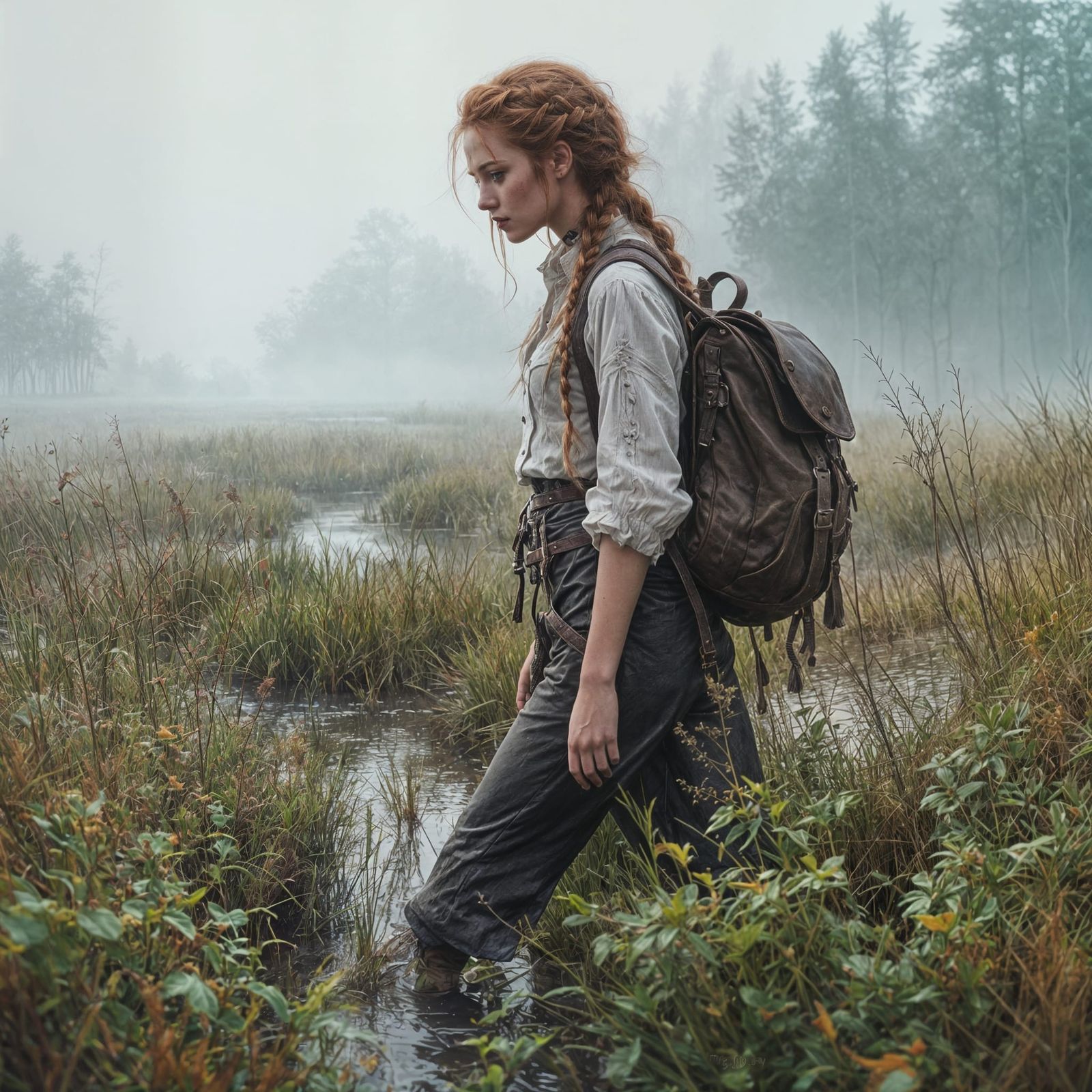 Ginger Witch Walks Through Morning Marsh in Dark Fantasy Set...