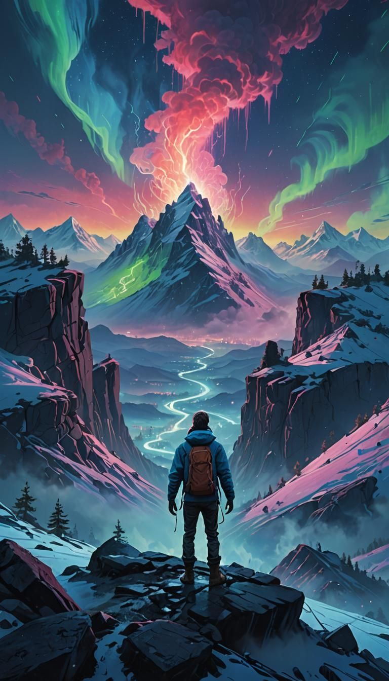 Barefoot Figure on Peak Under Aurora Lights in Digital Art