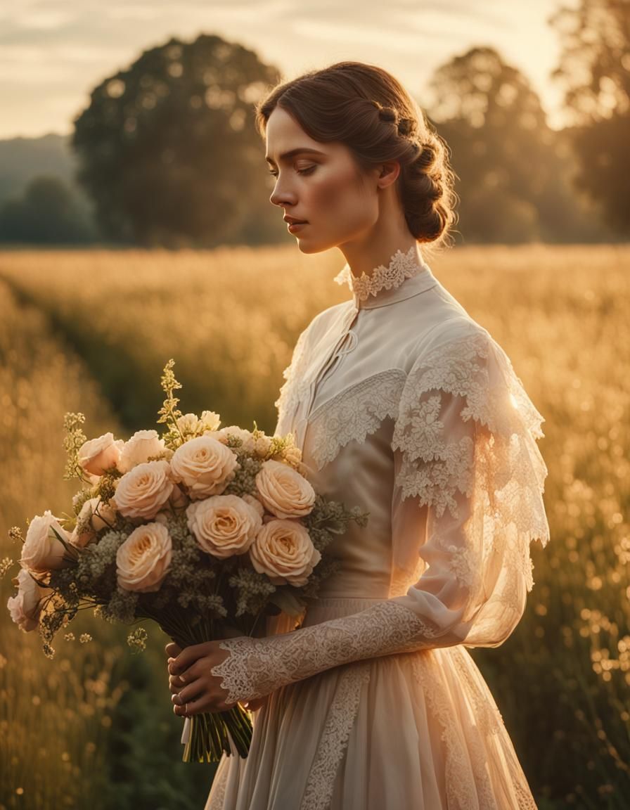 Victorian Woman with Flowers in Countryside Portrait