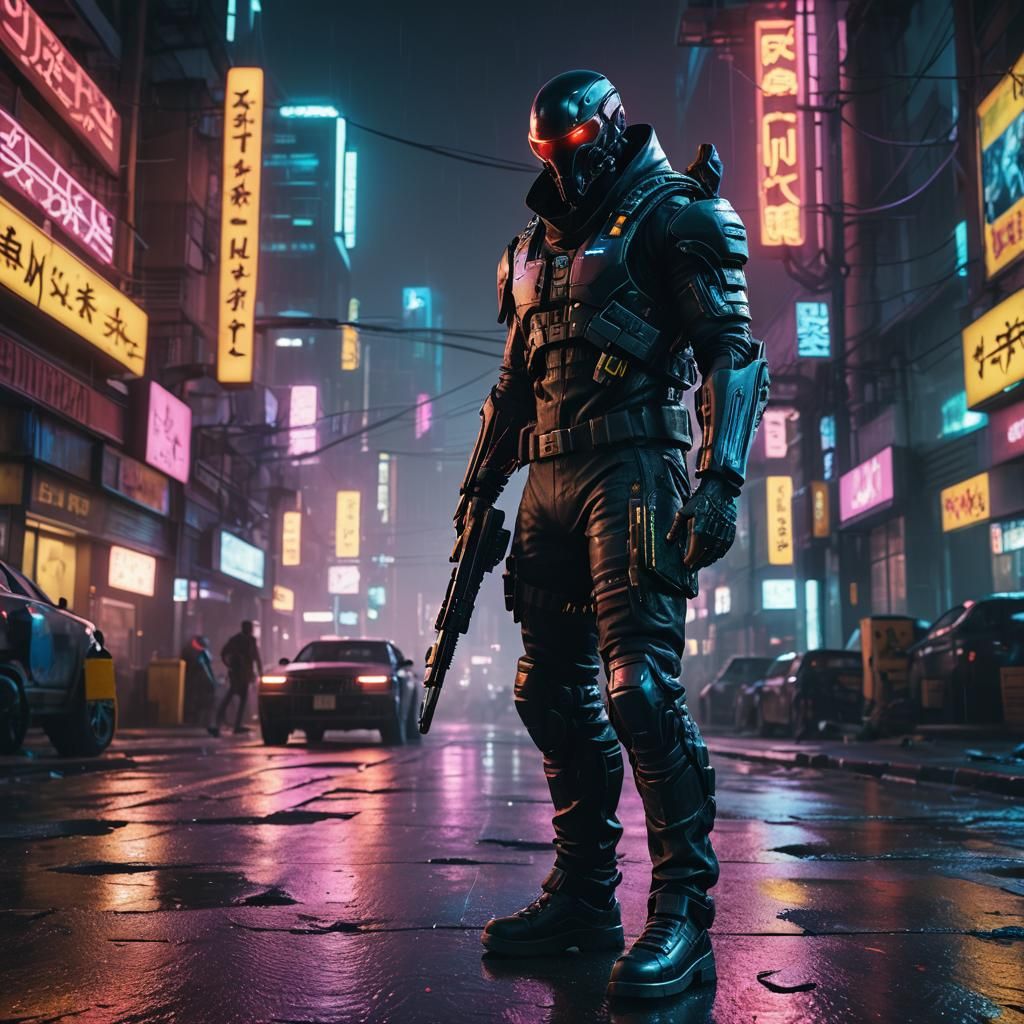 Cyberpunk Alien Reaper in Neon Cityscape