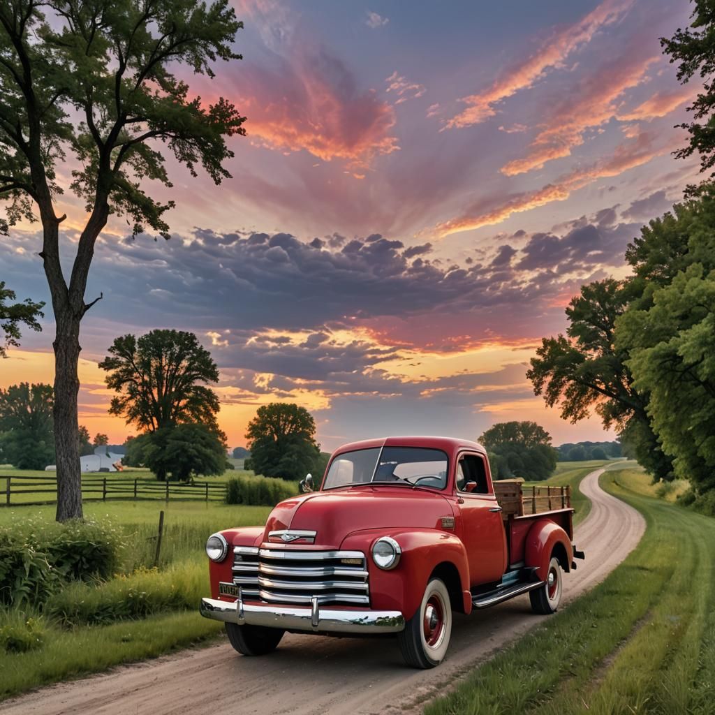 1949 Red Chevrolet Truck at Dusk