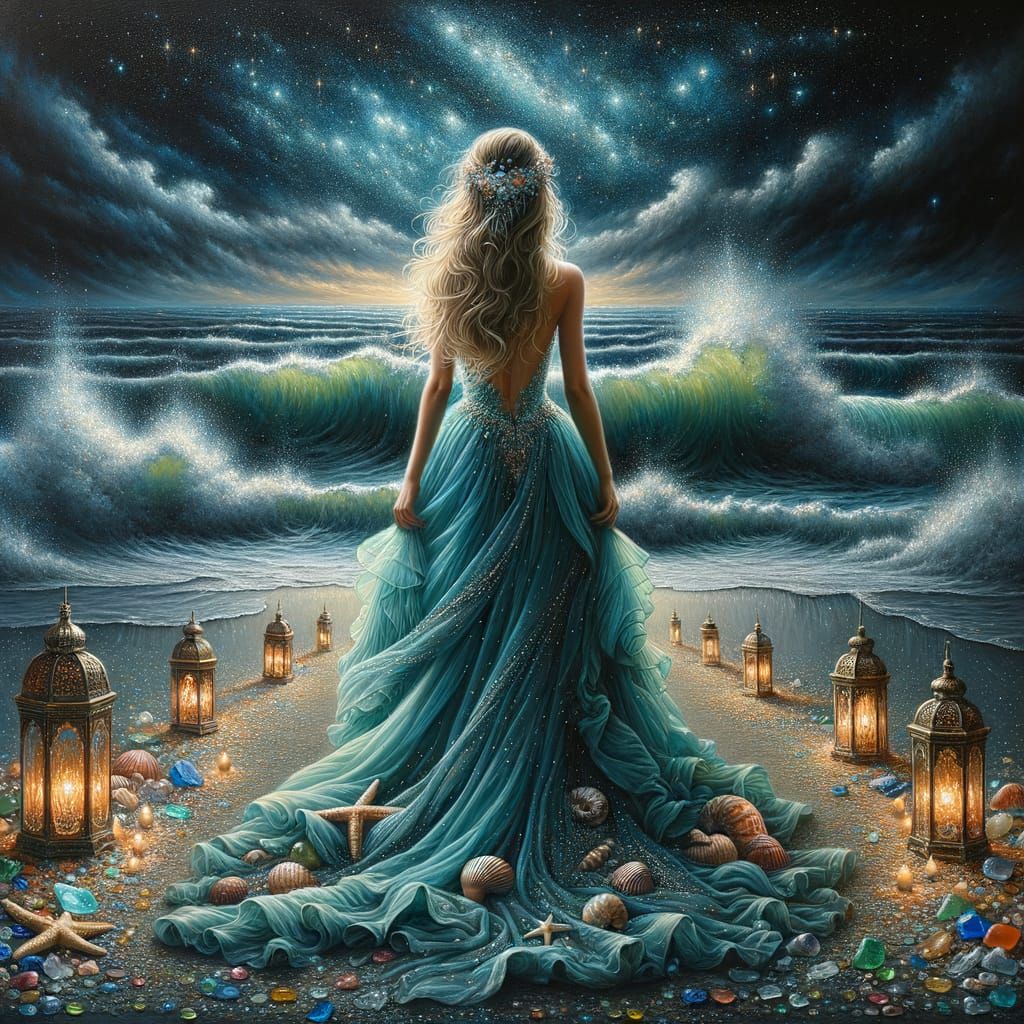 Ocean Starlight: Woman with Seashell Crown, Oil Painting