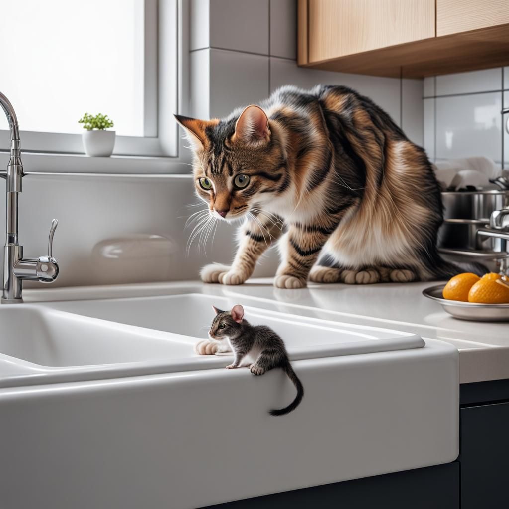 Cat with Mouse on Kitchen Counter, Acrylic Art