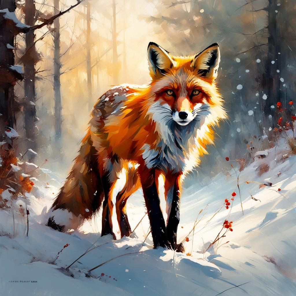 Red Fox in Snowy Forest Painting