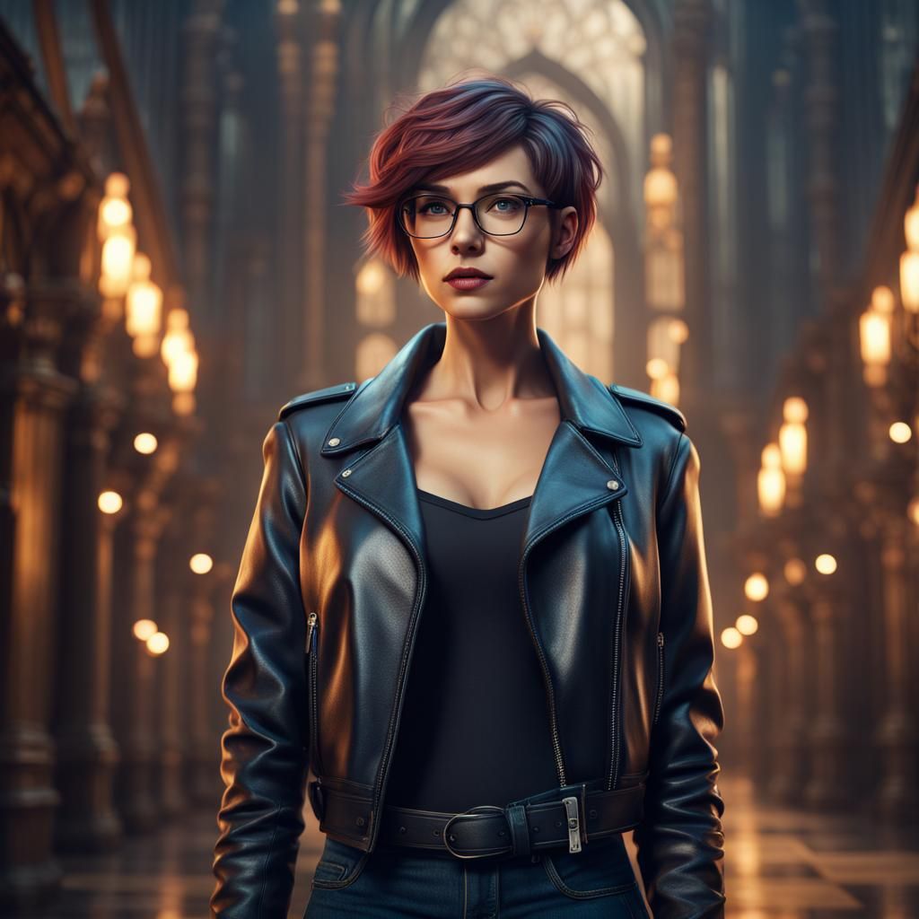 Magical Woman in Leather Jacket, Detailed Matte Painting