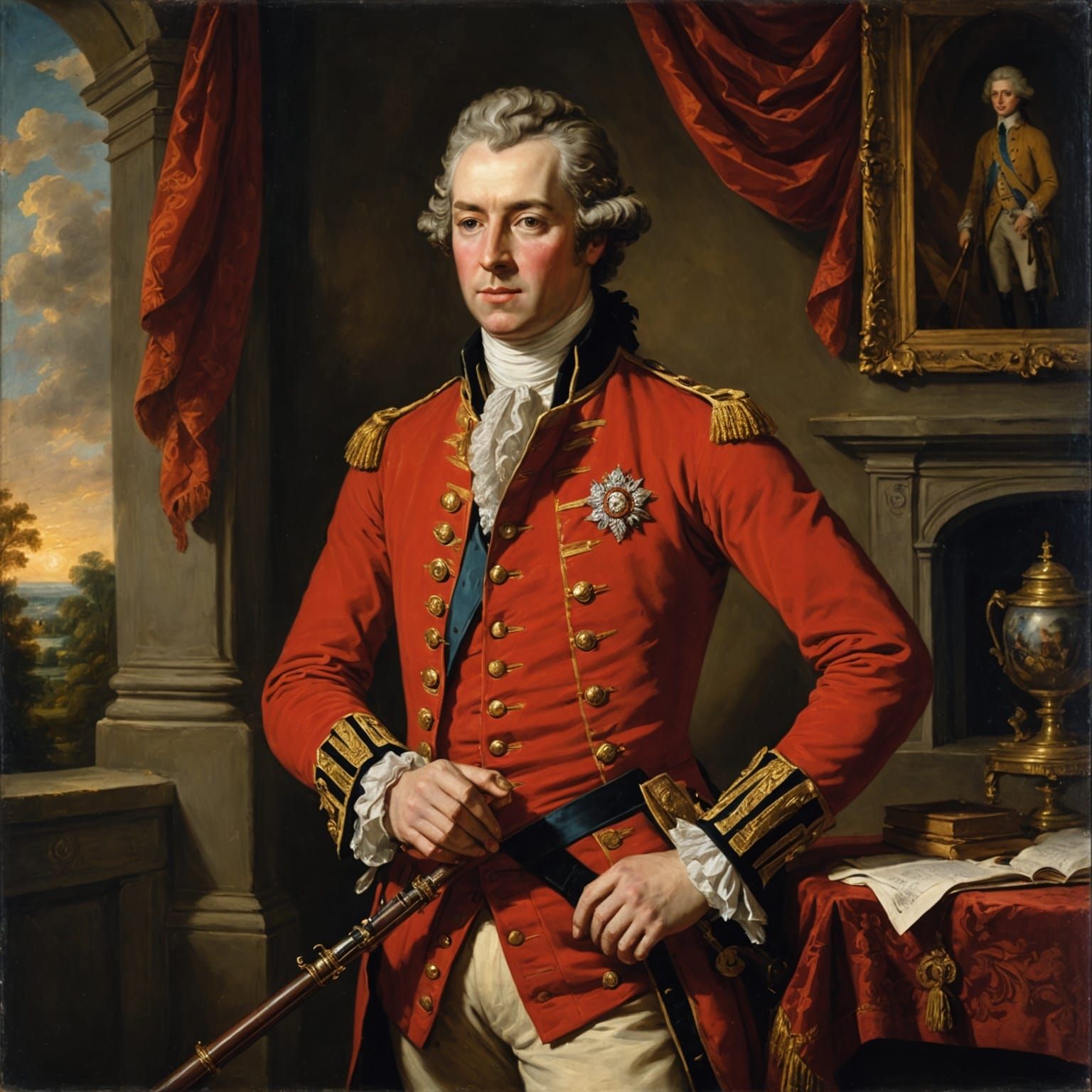 18th Century Officer Plays Flute in Firelit Parlor Oil Paint...