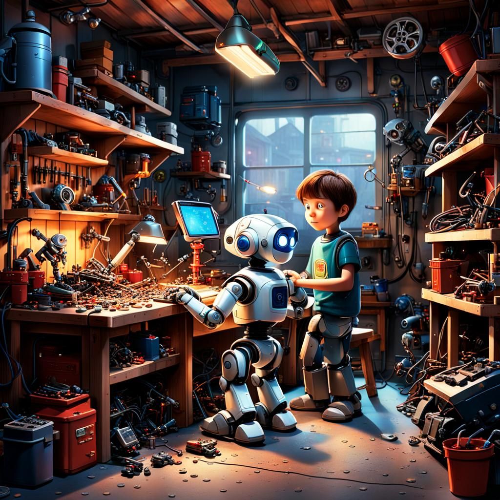 Child Mechanic and Robot in DreamWorks Style