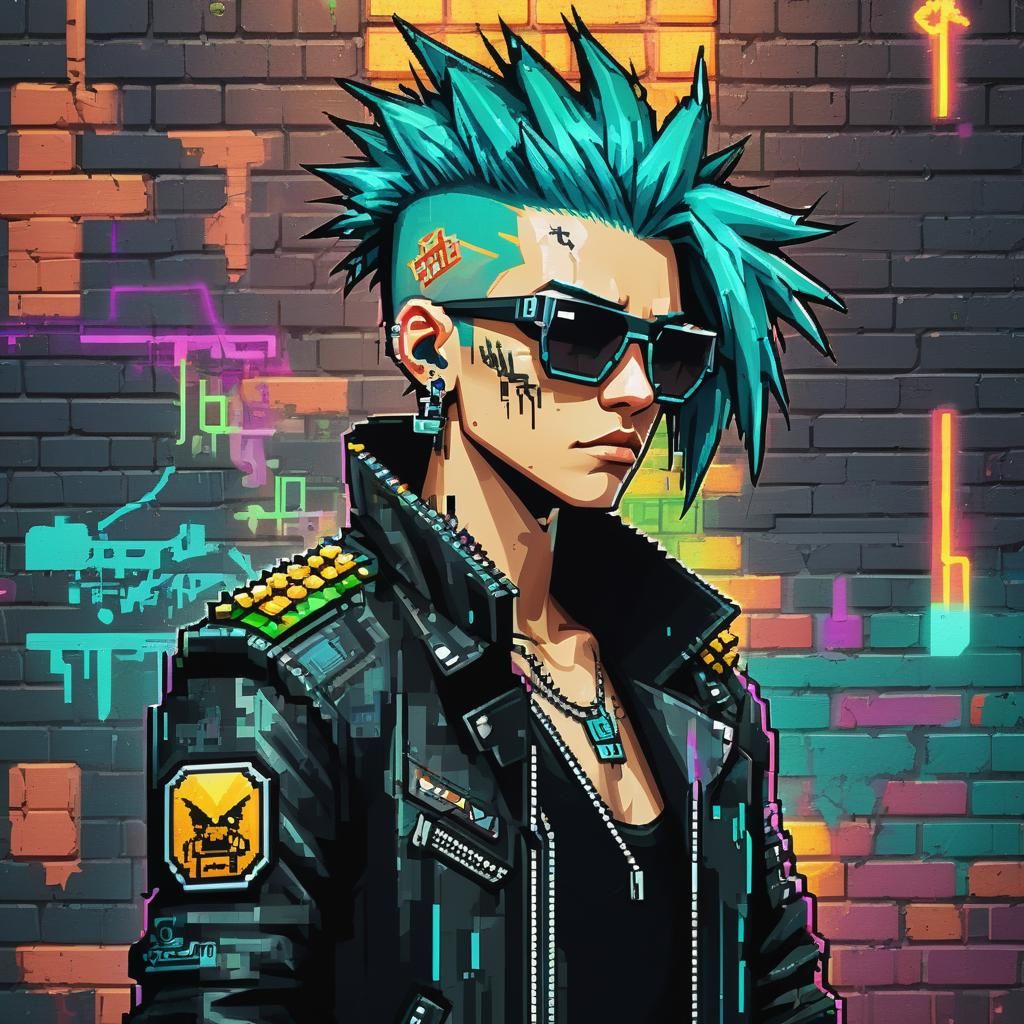 an 8-bit pixel art portrait of a futuristic punk character.