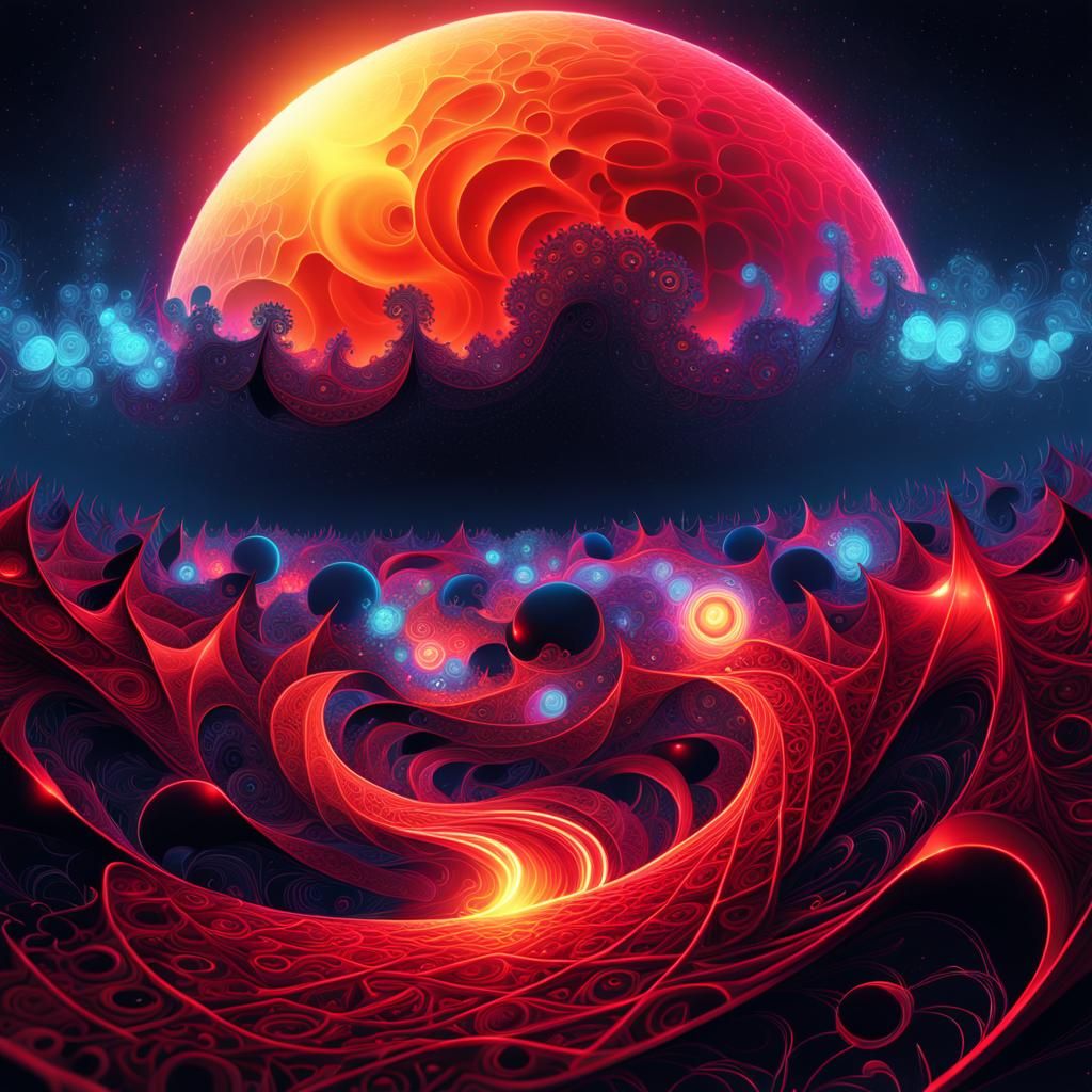 Neon Galaxy with Red Moon and Orbiting Photons