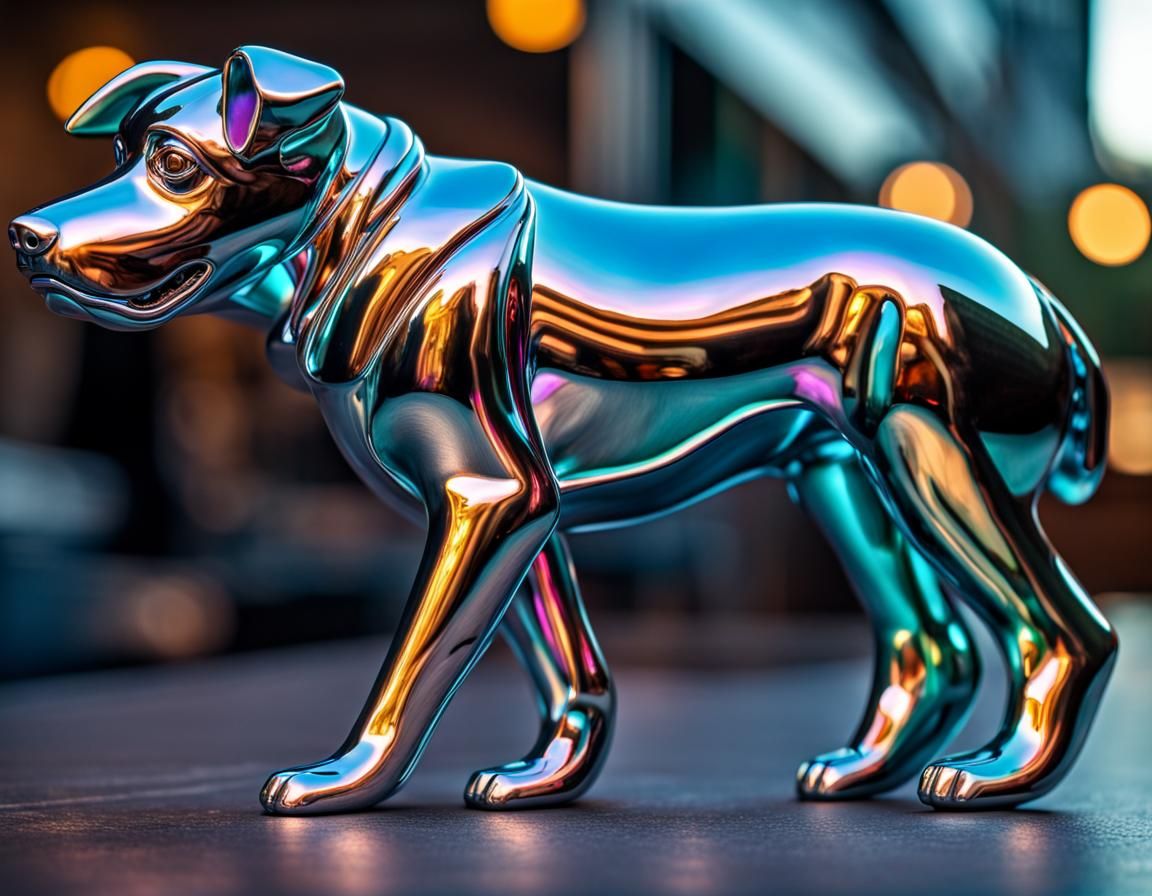 Iridescent Metal Dog Statue in HDR