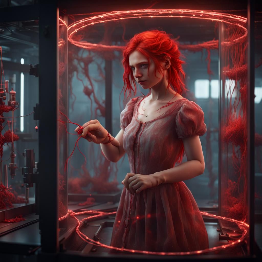 Red-Haired Girl and Biolab Display, Digital Art