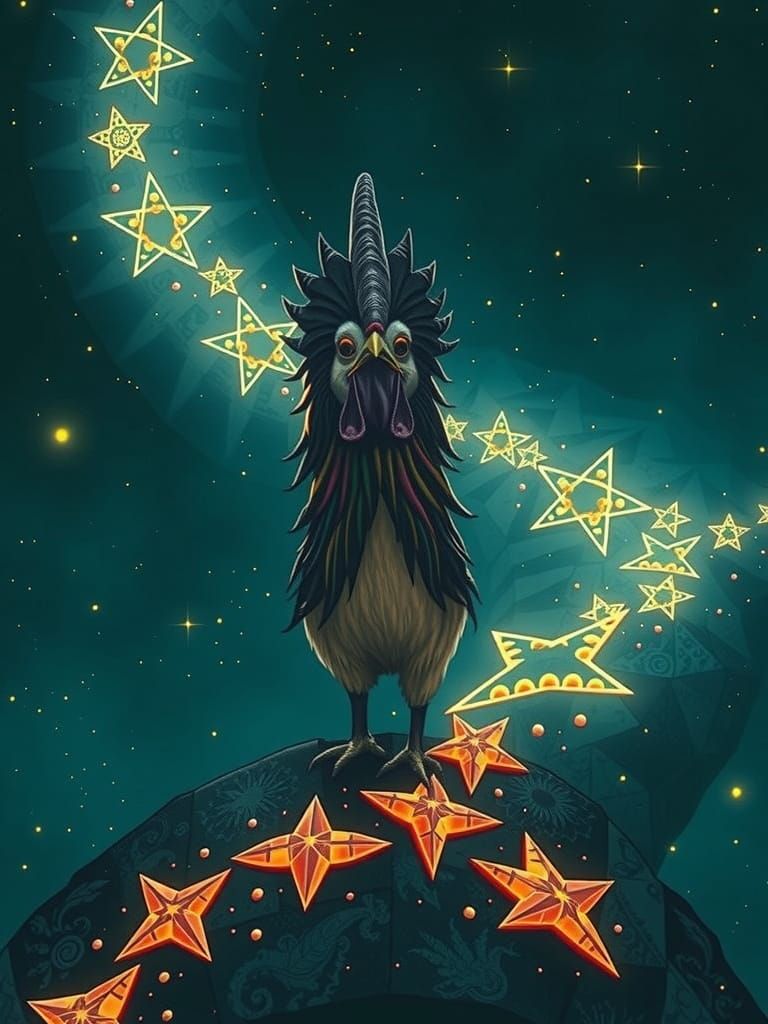Vibrant Cosmic Rooster in Whimsical Folk Art Style