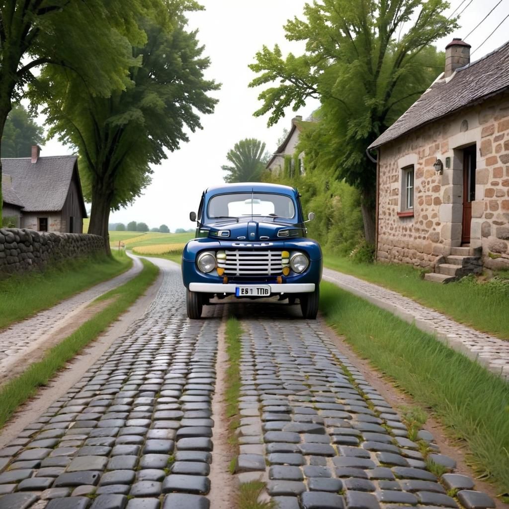 Vintage T-Ford on Rural Cobblestone Road