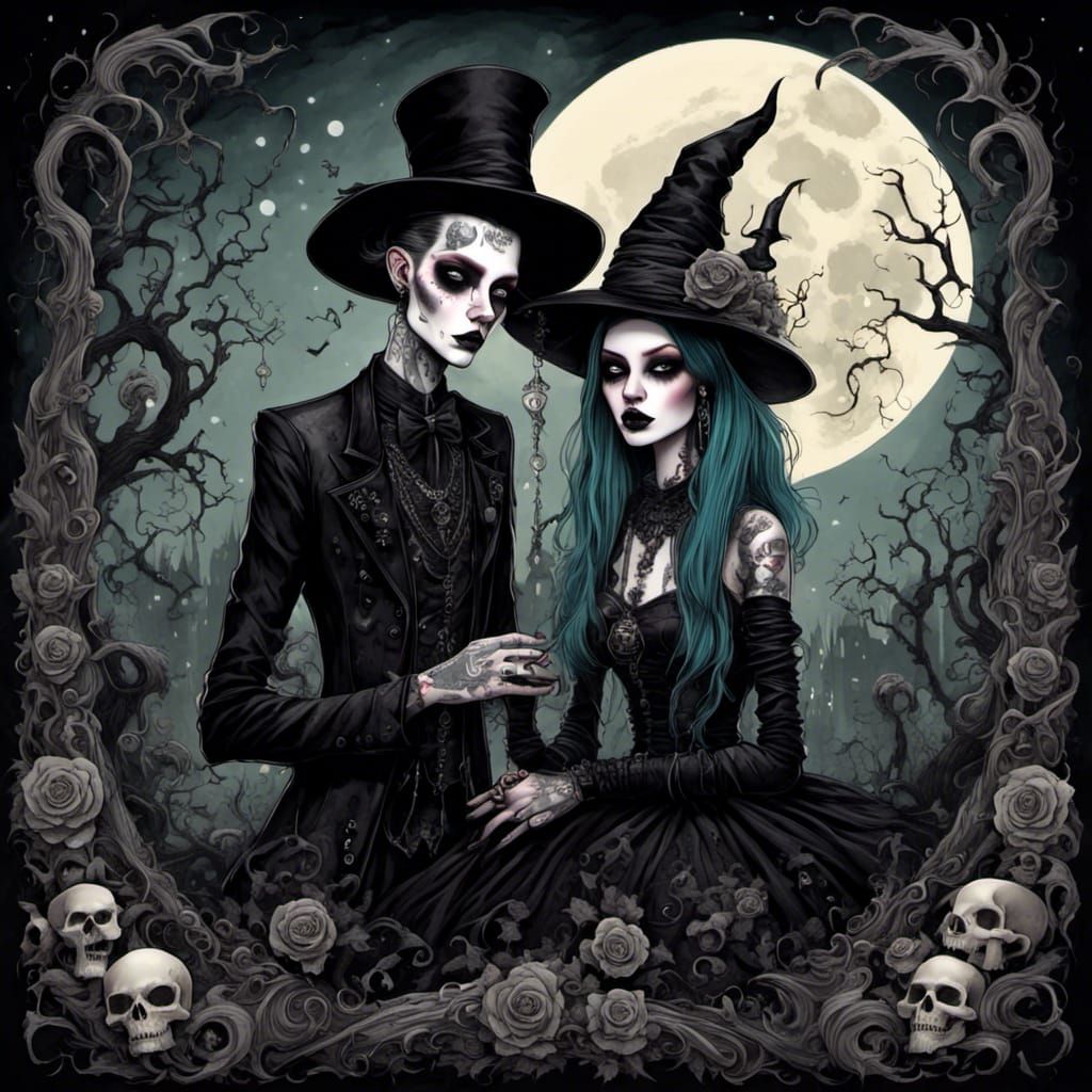 Witch and Warlock Goth Wedding in Moonlight