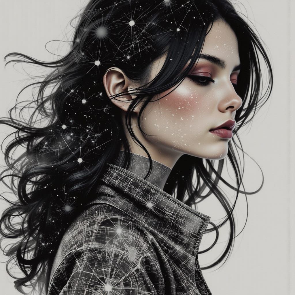 Woman with Constellation Jacket and Watercolor Clouds