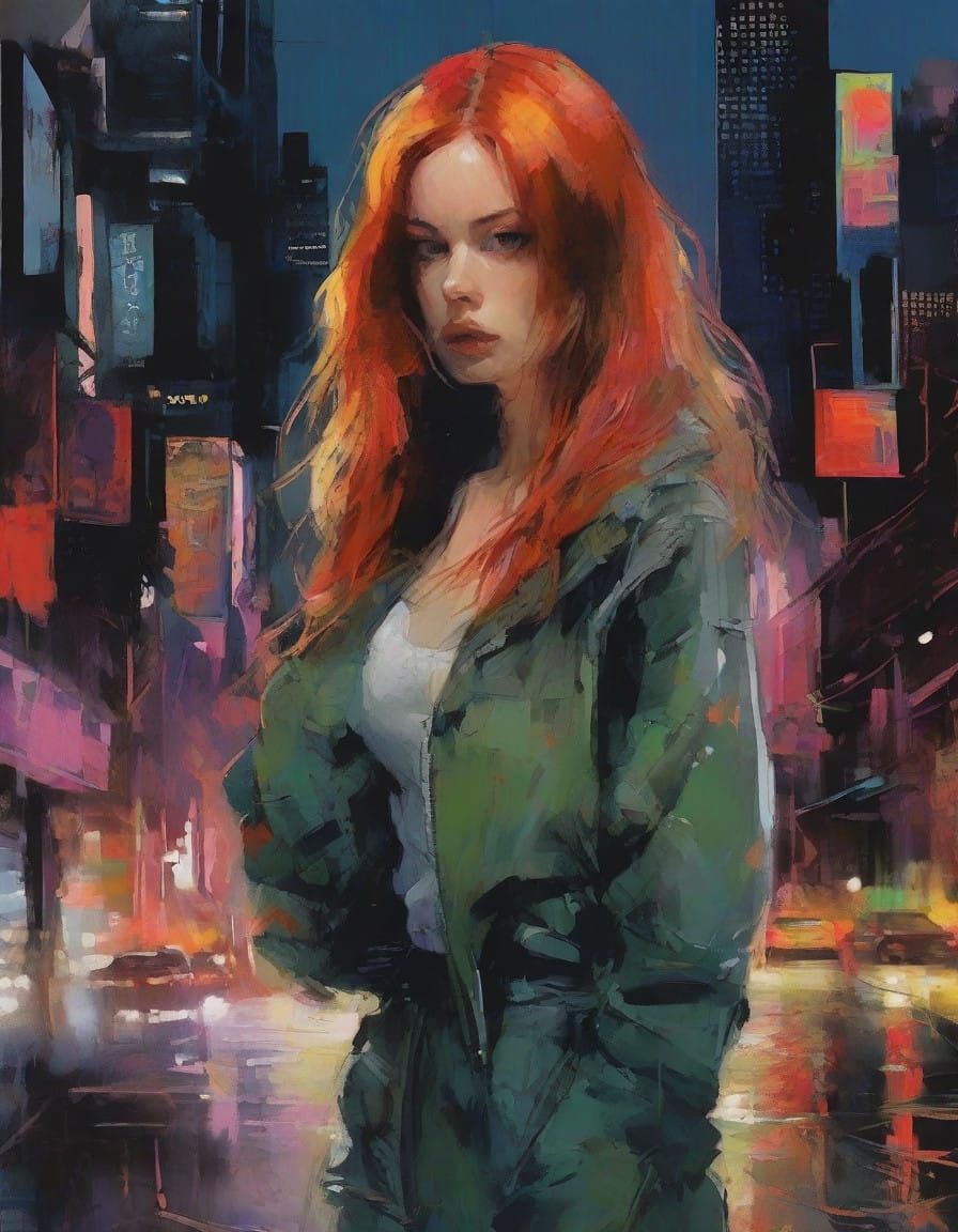 Gritty Noir Punk Girl in Retro Futuristic Cityscape, Impasto...