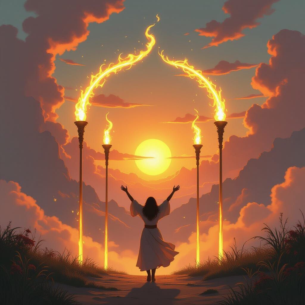 Golden Hour Archway of Energy: Figure Embraces Freedom