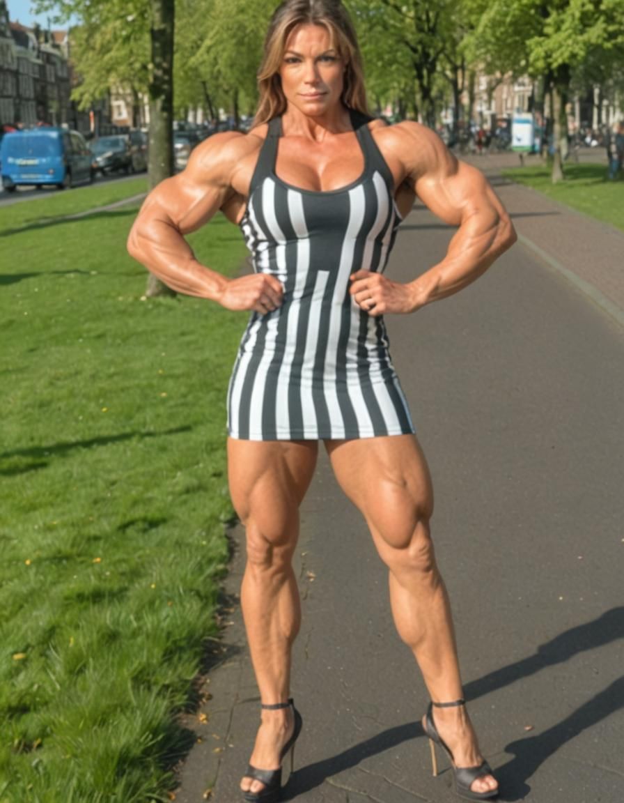 Hyperrealistic Muscle Goddess in Amsterdam Minidress