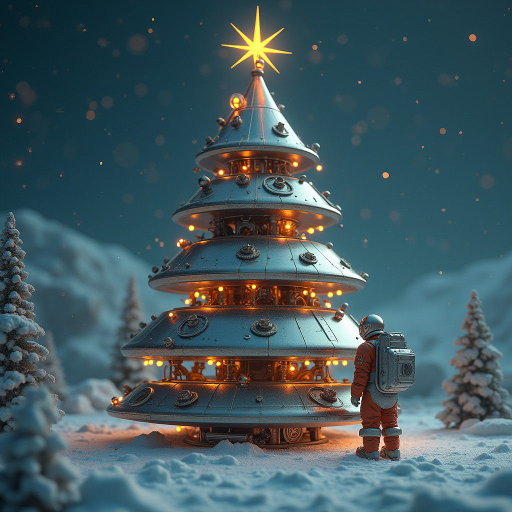 Retro Robot Christmas Tree on Alien Planet