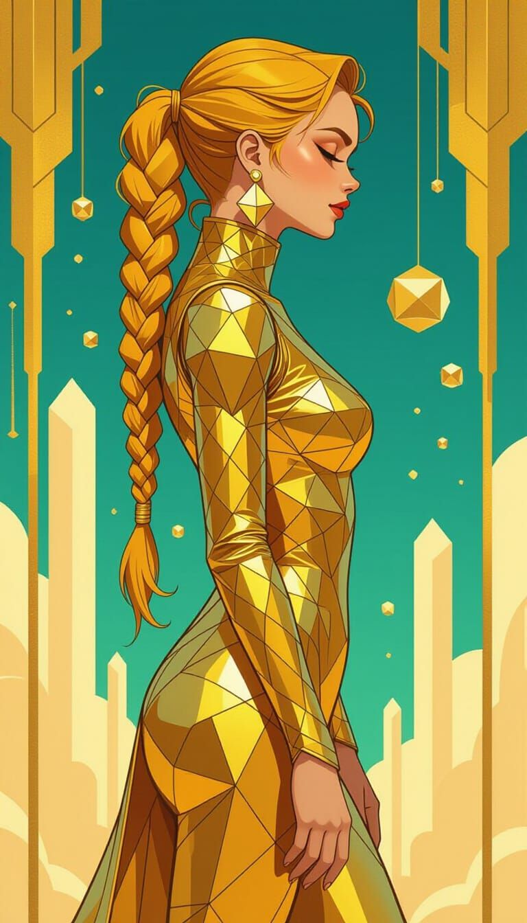 Woman in Golden Bodysuit: Geometric Digital Painting
