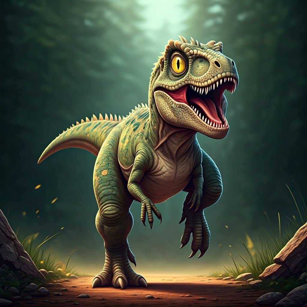 Chibi Dinosaur Runs Towards the Viewer in Hyper-Realistic Pi...