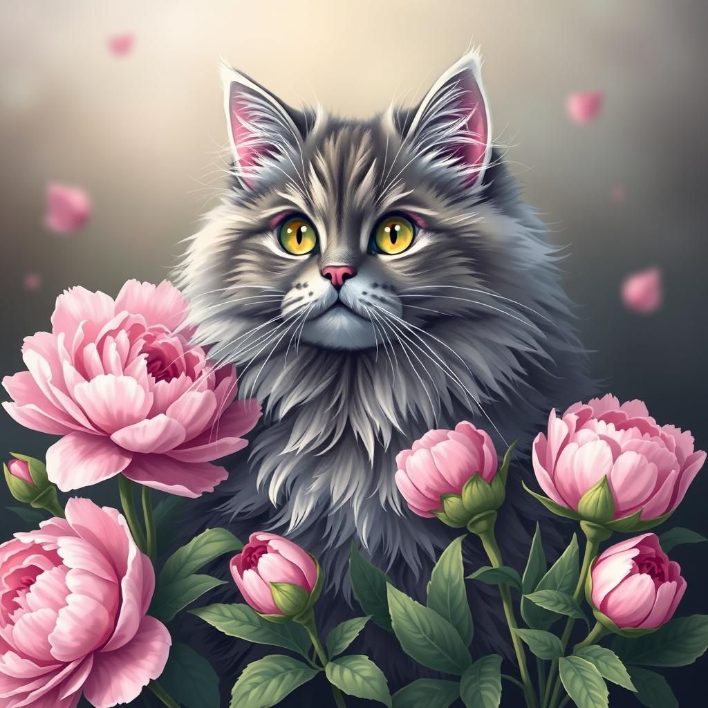 Fluffy Grey Cat Surrounded by Pink Peonies