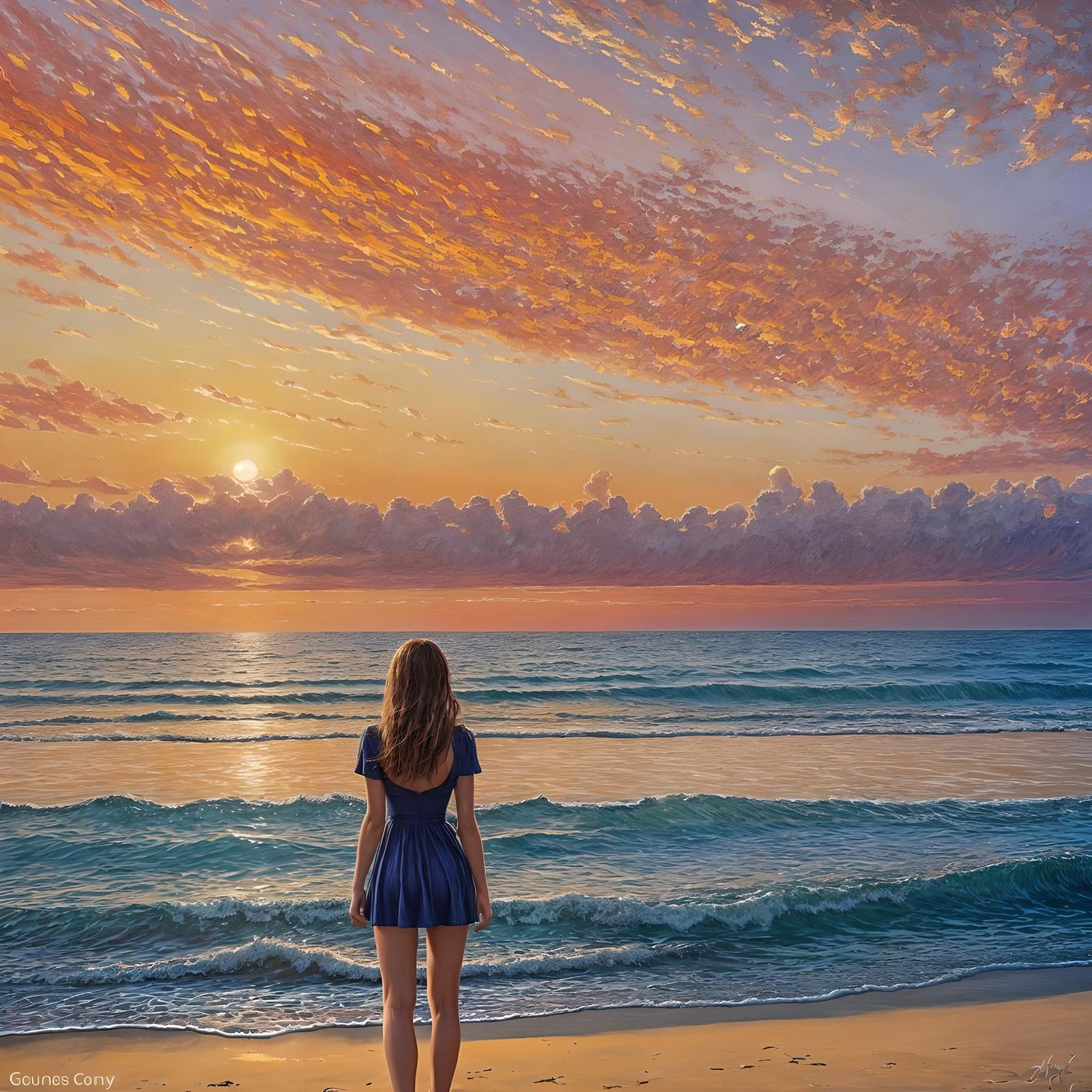 Woman at Beach Sunset: Dreamlike Oil Painting