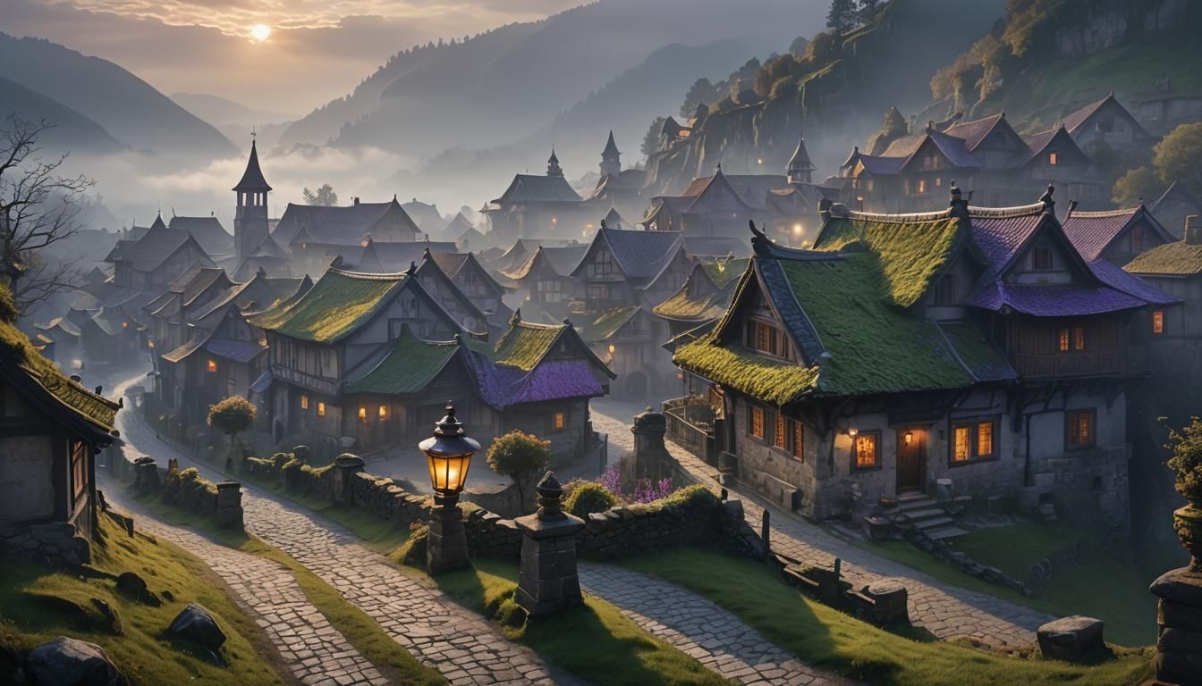 Fog-Shrouded Village in a Dark Fantasy Art Style