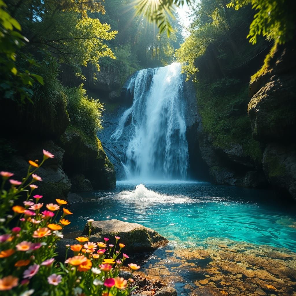 Hidden Waterfall Oasis with Lush Greenery