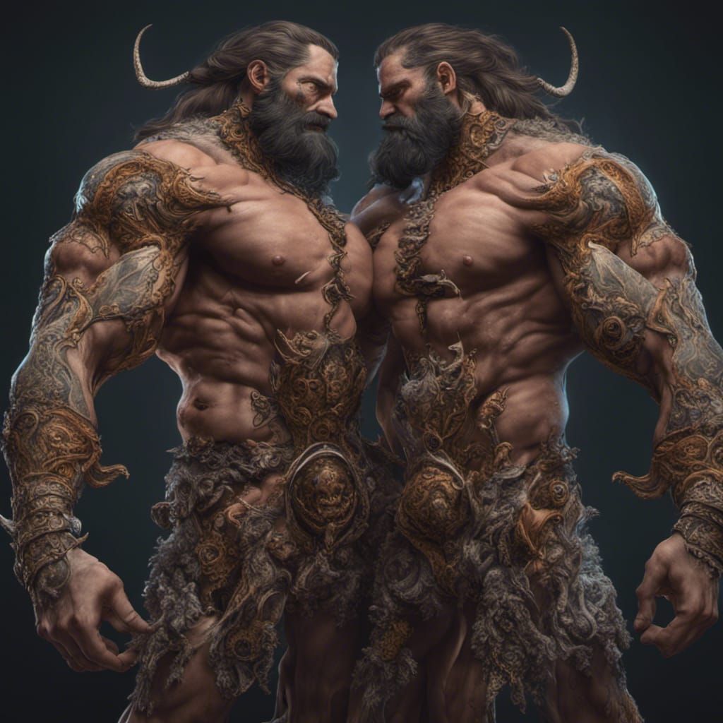 Conjoined Twins with Beards: Detailed Fantasy Art