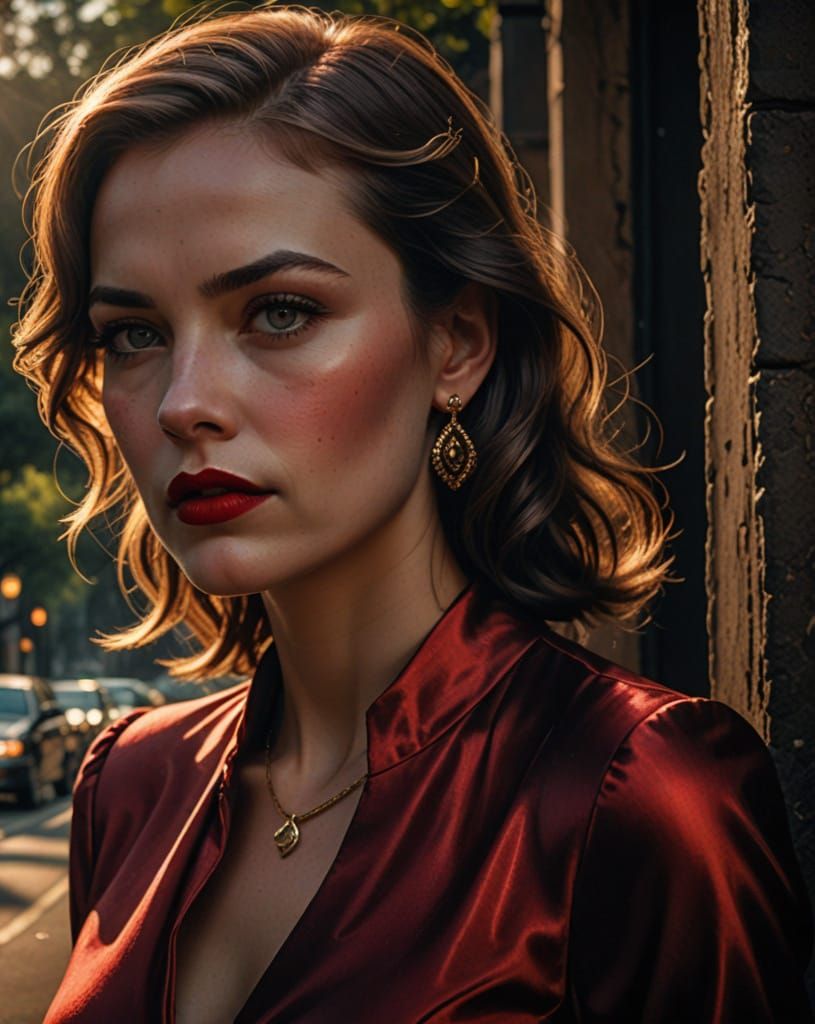 Hyperrealistic Close-Up of a 1930s Woman in a Red Silk Dress