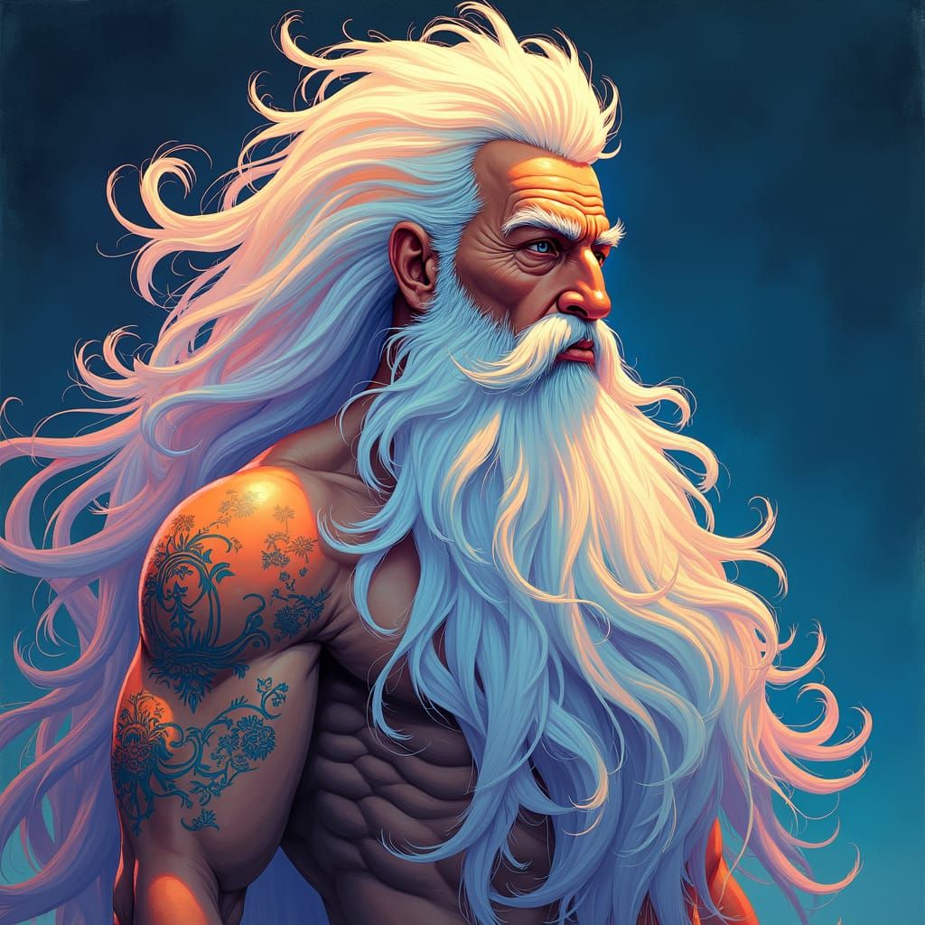 Regal Figure with Iridescent Beard in Watercolor Style