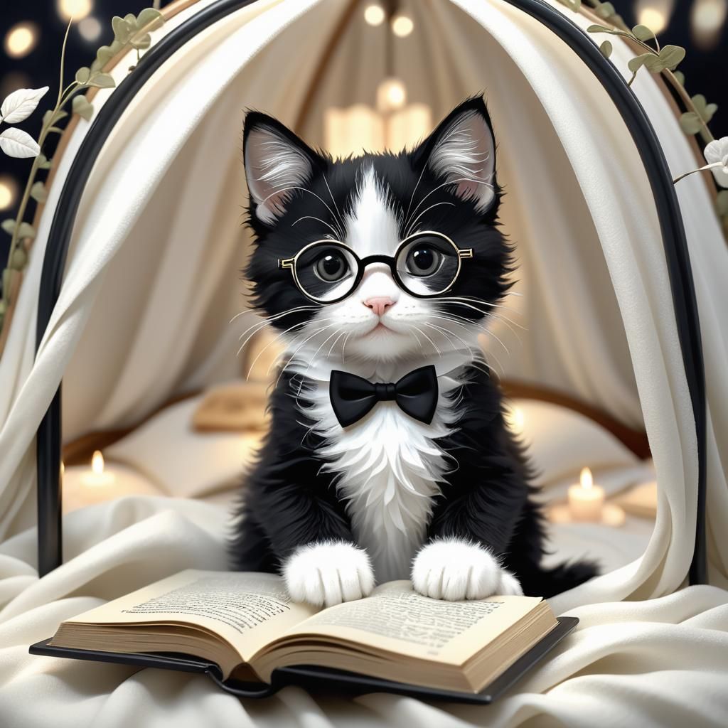 Whimsical Fantasy Illustration of a Gentle Tuxedo Cat Readin...