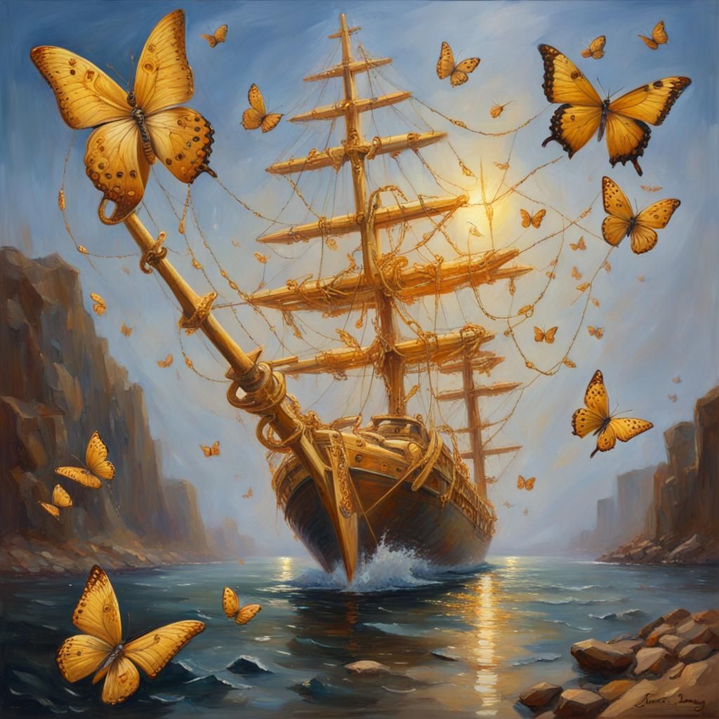 Golden Anchor with Butterflies in Gurney Style