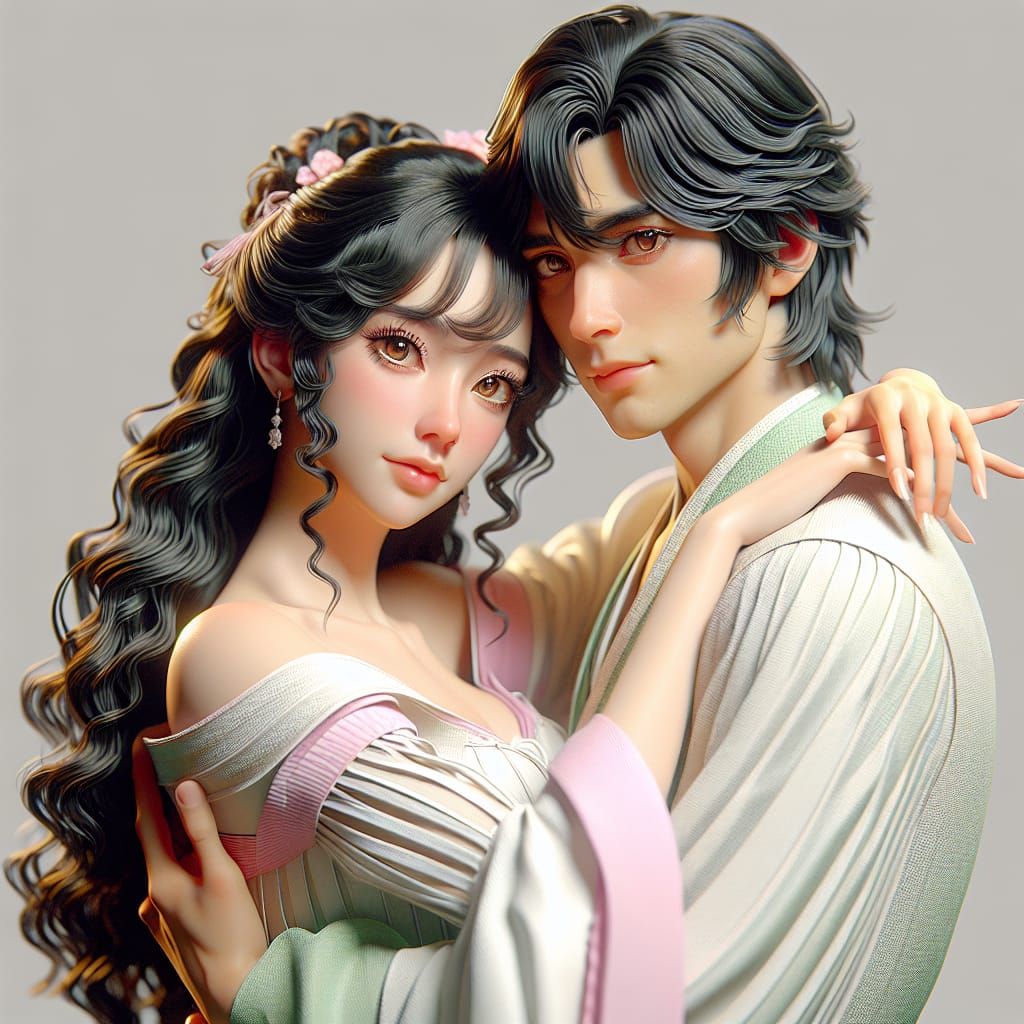 Romantic Couple in Vibrant Japanese Animation Style
