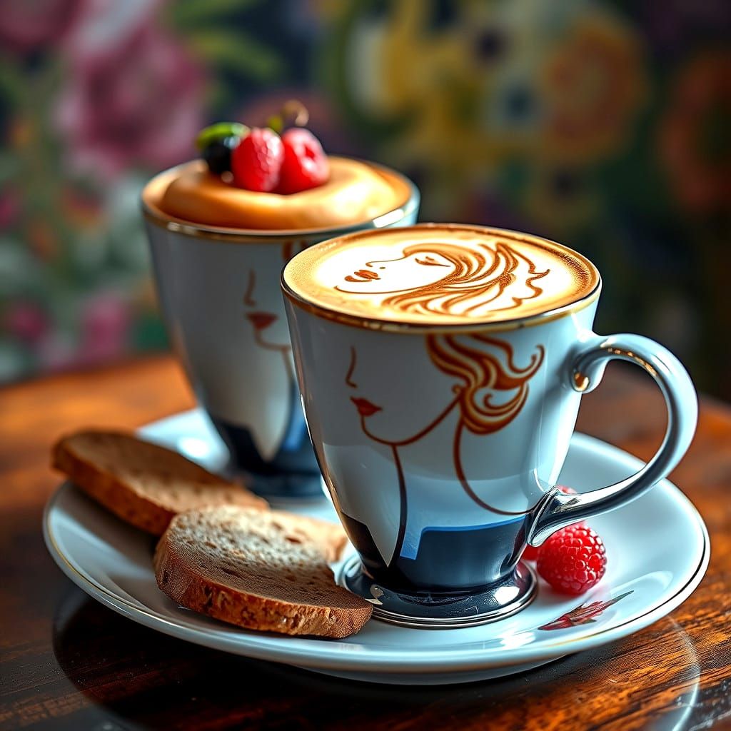 Latte Art Portrait with Chocolate Bread