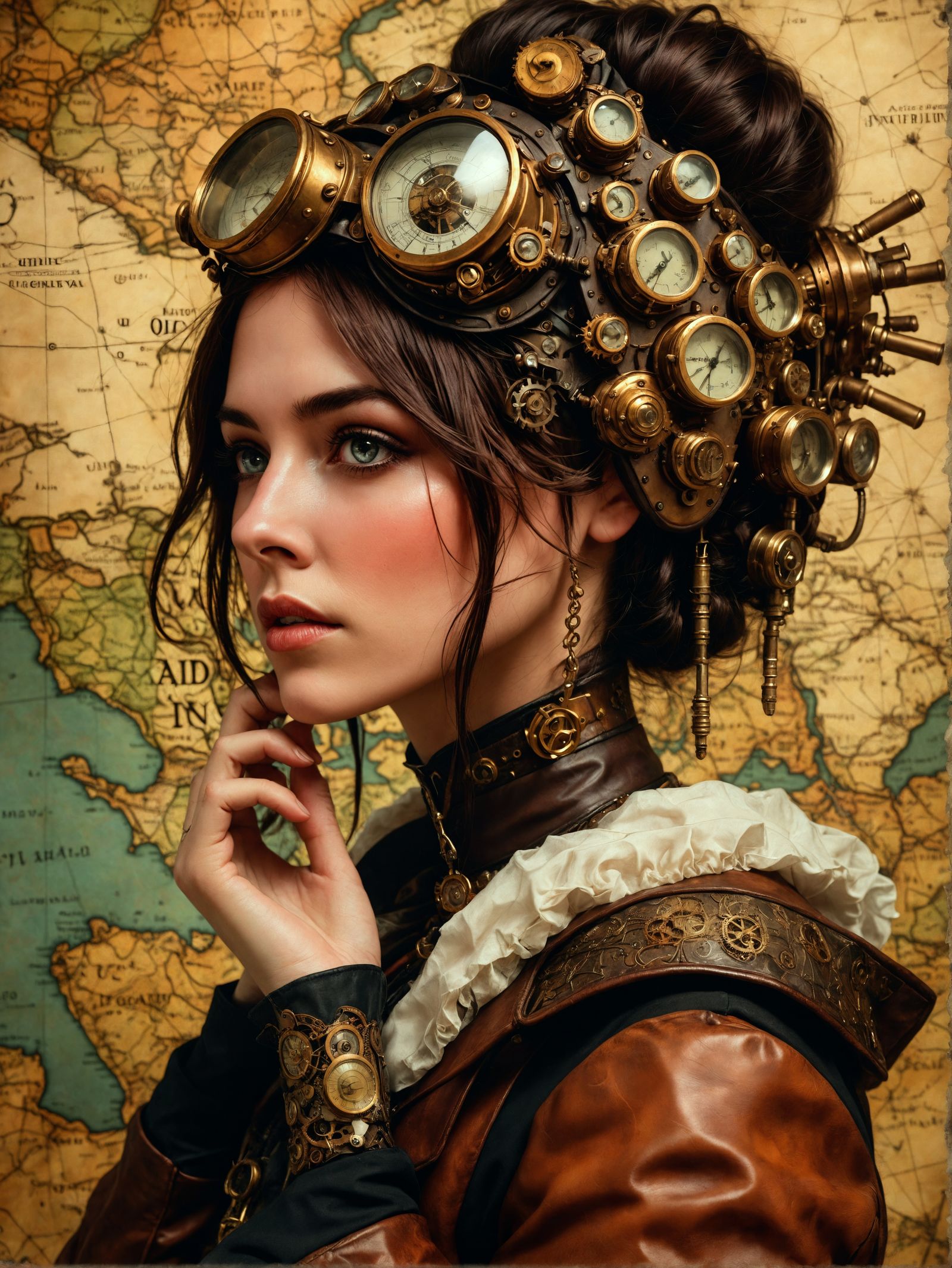 Edwardian Steampunk Girl with Antique Map Background