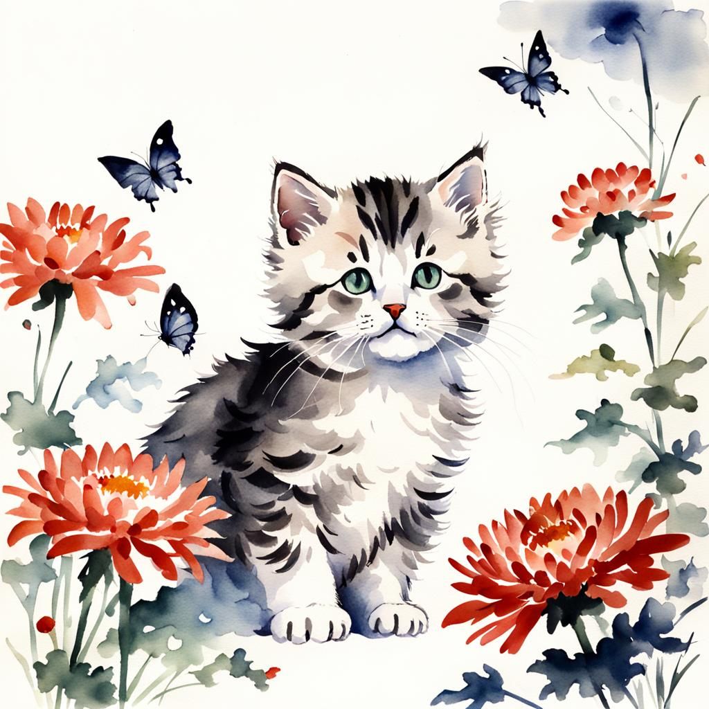 Minimalist Kitten with Chrysanthemums in Japanese Watercolor