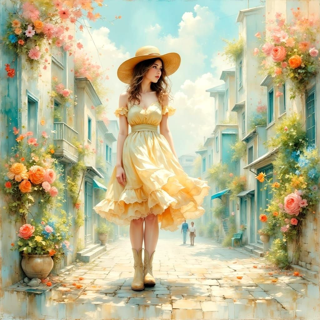 Country Girl in City, Impasto Oil Painting