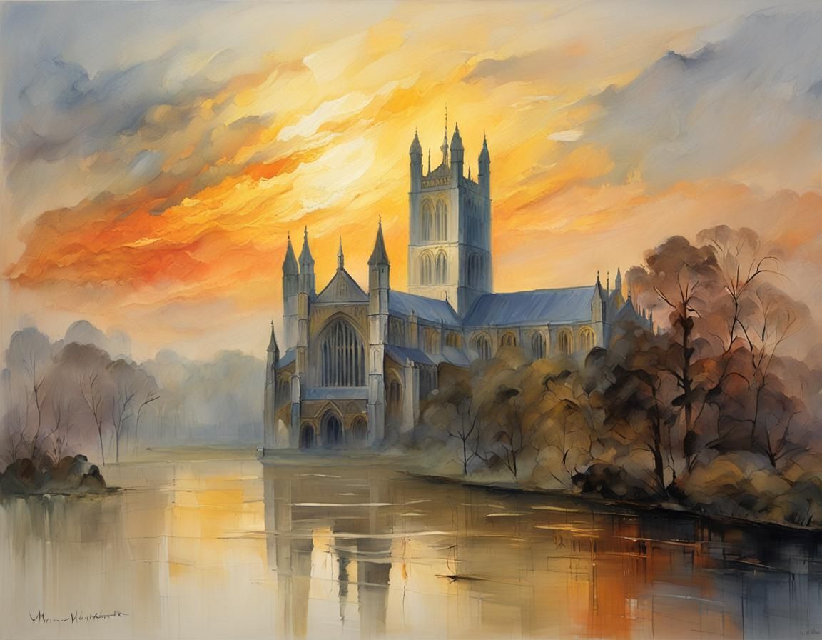Winchester Cathedral at Dusk in Impasto Style