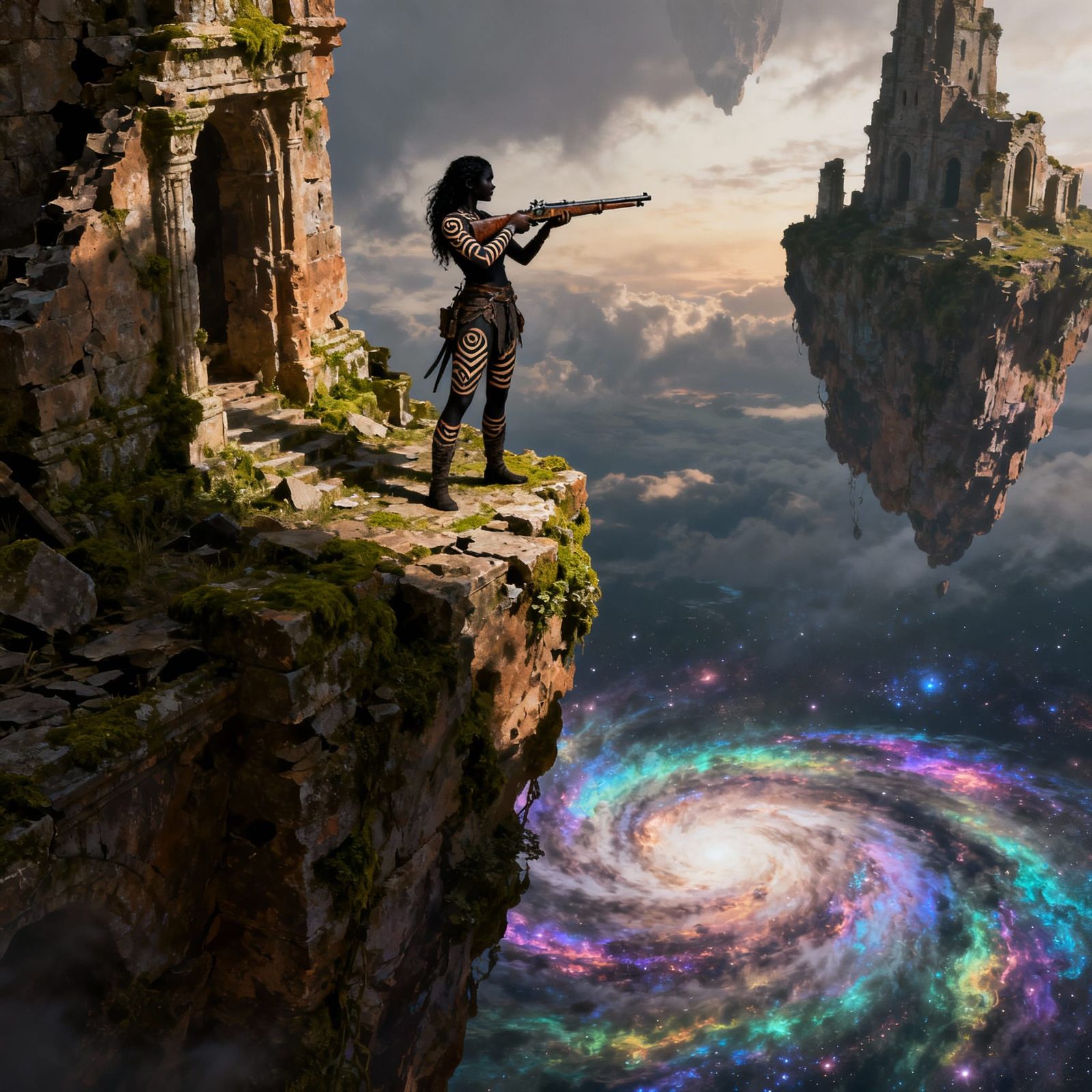 Tribal Warrior on Floating Island Amidst Nebula