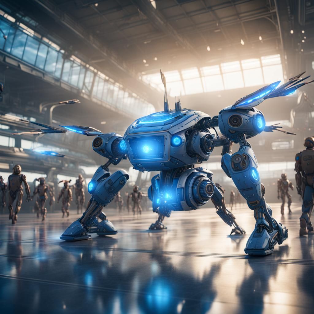 Futuristic Robot Flies in Airport, Digital Art