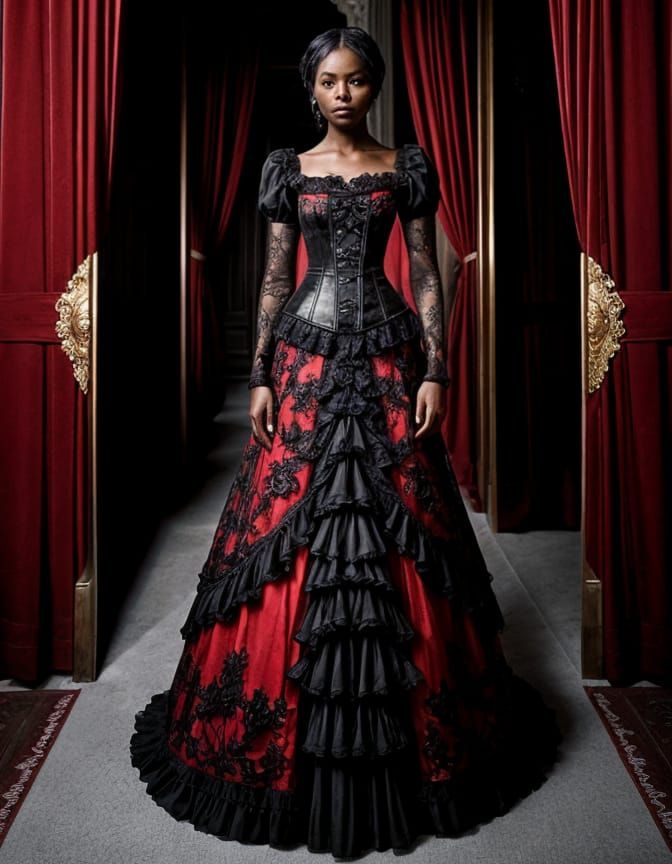 Gothic Woman in Red Lace Corset Gown