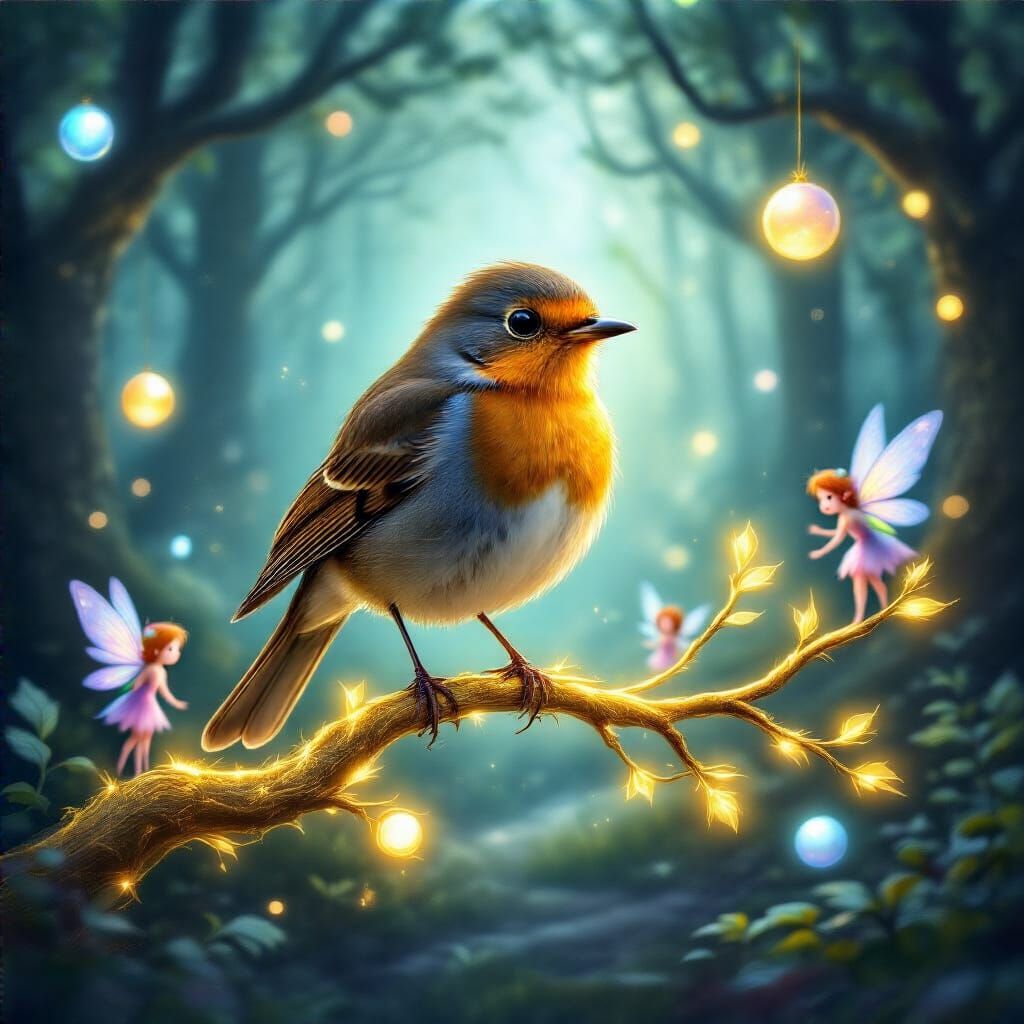 Robin in Enchanted Forest with Magical Light